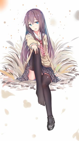 Anime-Bild 676x1200 mit original echj single long hair tall image looking at viewer fringe open mouth blue eyes light erotic sitting purple hair bent knee (knees) pleated skirt single shoe girl thighhighs skirt uniform black thighhighs