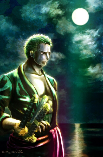Anime picture 624x944 with one piece toei animation roronoa zoro oregano551 single tall image short hair standing holding green eyes signed looking away cloud (clouds) upper body outdoors green hair light smile night night sky horizon
