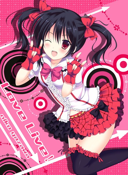 Anime picture 1000x1361 with love live! school idol project sunrise (studio) love live! yazawa nico kurusu ren single tall image short hair black hair red eyes twintails one eye closed wink short twintails mmm girl thighhighs dress gloves bow