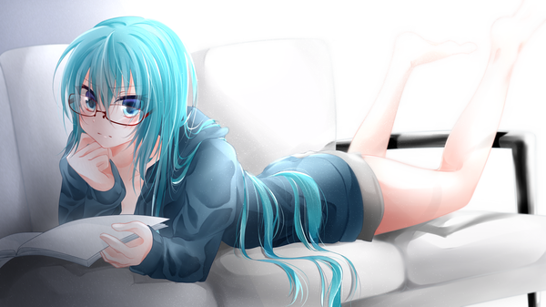 Anime picture 1920x1080 with vocaloid hatsune miku shi yu single long hair looking at viewer blush fringe highres blue eyes hair between eyes wide image lying barefoot aqua hair arm support on stomach bespectacled girl glasses