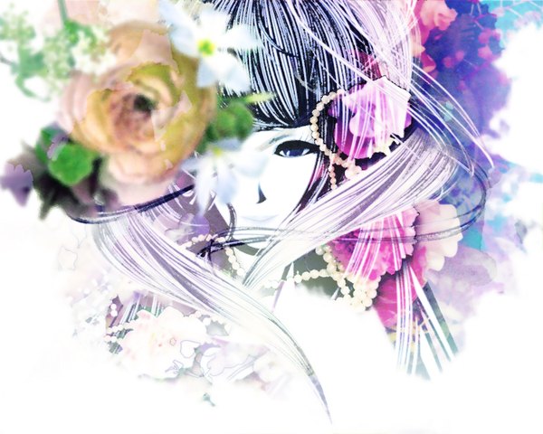 Anime picture 1500x1200 with original qsixtynine single long hair looking at viewer blue eyes multicolored hair hair flower light smile face abstract girl hair ornament flower (flowers) jewelry