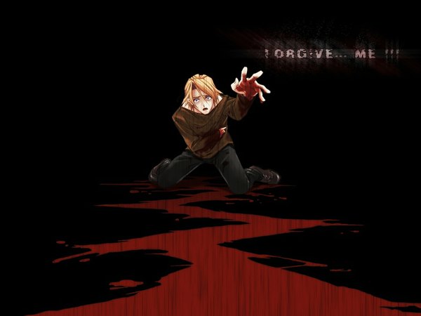 Anime picture 1600x1200 with remember11 yuukidou satoru hidari (left side) single looking at viewer short hair open mouth blonde hair full body outstretched arm third-party edit bloody clothes boy blood