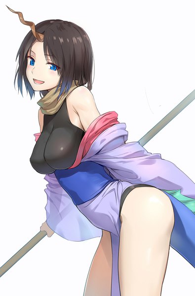 Anime picture 1063x1615 with kobayashi-san chi no maidragon kyoto animation elma (maidragon) feng ze single tall image looking at viewer short hair breasts open mouth blue eyes light erotic black hair simple background smile large breasts standing white background bare shoulders holding