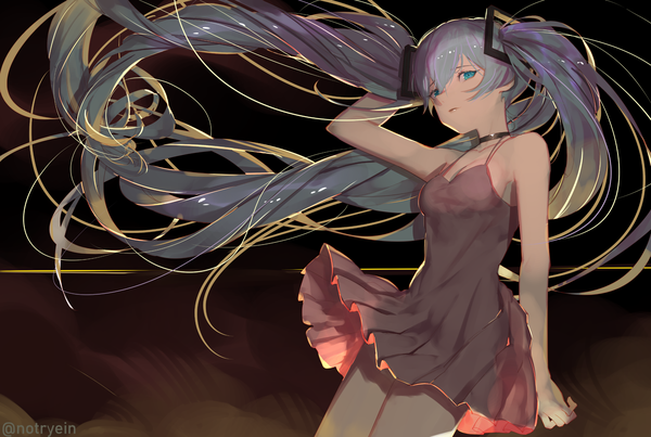 Anime picture 2381x1602 with vocaloid hatsune miku ryein single looking at viewer fringe highres breasts simple background hair between eyes twintails bare shoulders signed very long hair arm up aqua eyes wind grey hair twitter username sideboob