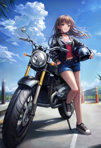 Anime picture 2664x3902 with original starlime single long hair tall image looking at viewer fringe highres brown hair standing green eyes sky cloud (clouds) full body outdoors long sleeves wind open jacket standing on one leg hand in pocket