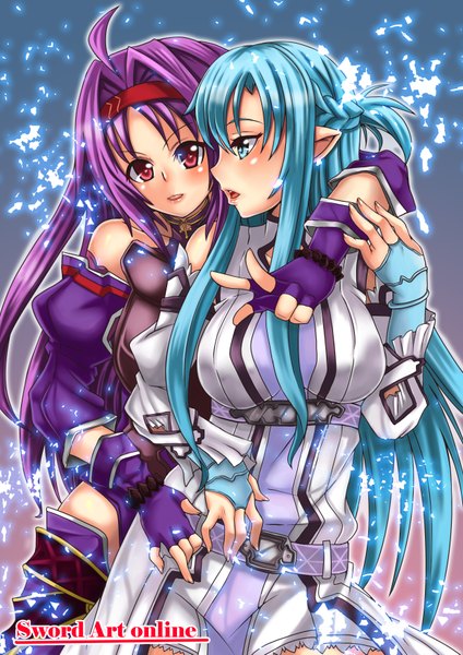 Anime picture 2480x3507 with sword art online a-1 pictures yuuki asuna asuna (sao-alo) cuizilan long hair tall image blush highres open mouth blue eyes red eyes multiple girls blue hair purple hair girl 2 girls