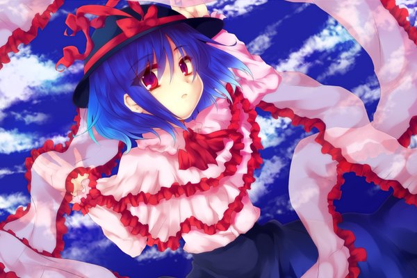 Anime picture 1800x1200 with touhou nagae iku uranaishi (miraura) single highres short hair red eyes blue hair sky girl ribbon (ribbons) hat