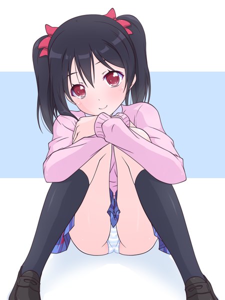 Anime picture 600x800 with love live! school idol project sunrise (studio) love live! yazawa nico k10k single long hair tall image looking at viewer blush light erotic black hair smile red eyes sitting twintails light smile pantyshot pantyshot sitting girl