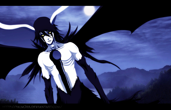 Anime picture 2500x1623 with bleach studio pierrot ulquiorra schiffer skyline42 single long hair highres black hair yellow eyes cloud (clouds) horn (horns) night sky coloring espada boy plant (plants) wings tree (trees) water full moon