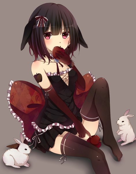 Anime picture 1100x1400 with original yamasuta single tall image blush fringe highres short hair brown hair sitting animal ears looking away pink eyes tattoo girl thighhighs skirt gloves hair ornament ribbon (ribbons)