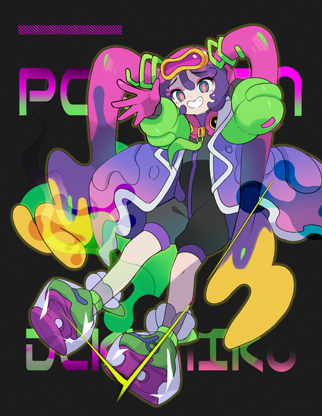 Anime picture 2902x3745 with pokemon vocaloid nintendo project voltage hatsune miku poison miku (project voltage) morizo (morizoshop) single long hair tall image fringe highres smile hair between eyes twintails purple hair full body open jacket grin black background