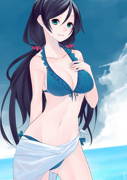 Anime picture 1414x2000 with love live! school idol project sunrise (studio) love live! toujou nozomi junp single long hair tall image looking at viewer fringe breasts light erotic black hair hair between eyes large breasts twintails green eyes signed sky cloud (clouds)