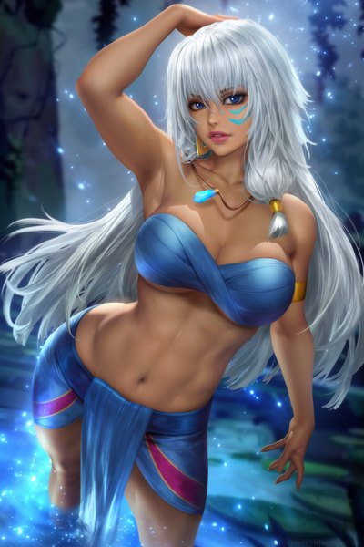 Anime picture 2400x3597 with atlantis: the lost empire disney kidagakash nedakh nudtawut thongmai single long hair tall image looking at viewer fringe highres breasts blue eyes light erotic hair between eyes large breasts standing cleavage silver hair arm up lips