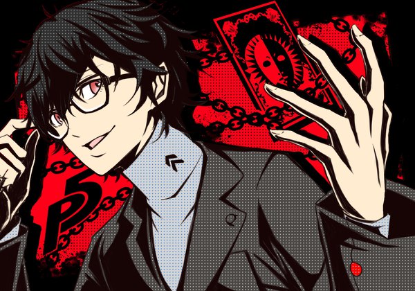 Anime picture 1200x840 with persona 5 persona amamiya ren motoki rinn single looking at viewer fringe short hair open mouth black hair hair between eyes red eyes upper body black background red background adjusting glasses boy glasses chain turtleneck