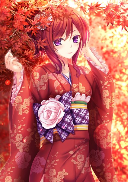 Anime picture 707x1000 with love live! school idol project sunrise (studio) love live! nishikino maki toshi (1-147) single long hair tall image looking at viewer blush purple eyes red hair traditional clothes japanese clothes girl flower (flowers) kimono leaf (leaves) obi