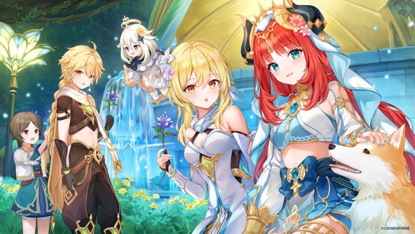 Anime picture 5000x2813 with genshin impact lumine (genshin impact) nilou (genshin impact) paimon (genshin impact) aether (genshin impact) higeneko long hair fringe highres short hair open mouth blue eyes blonde hair smile hair between eyes brown hair wide image standing sitting twintails