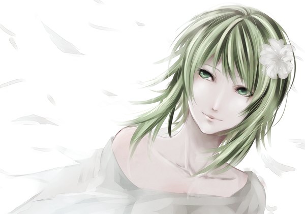 Anime picture 1385x974 with vocaloid gumi kio single short hair bare shoulders green eyes hair flower green hair off shoulder girl hair ornament flower (flowers)