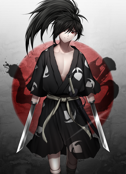Anime picture 745x1024 with dororo (tezuka) hyakkimaru (dororo) reiz single long hair tall image looking at viewer fringe black hair red eyes signed ponytail traditional clothes japanese clothes light smile hair over one eye short sleeves gradient background walking boy