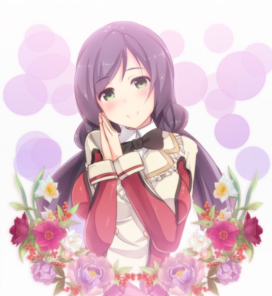 Anime picture 1100x1200 with love live! school idol project sunrise (studio) love live! toujou nozomi hiiragi hajime single long hair tall image looking at viewer blush smile green eyes purple hair girl dress flower (flowers) bow