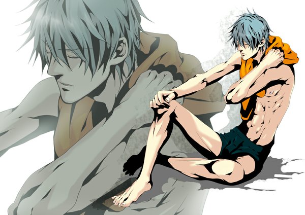 Anime picture 1024x724 with togainu no chi nitro+chiral akira (tnc) momoko (momokoinu) single short hair light erotic sitting bare shoulders blue hair nipples ahoge eyes closed barefoot topless clothes on shoulders boy toes