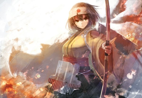 Anime picture 1300x907 with kantai collection hiryuu aircraft carrier sumisu (mondo) single short hair brown hair brown eyes looking away traditional clothes japanese clothes wide sleeves serious girl weapon headband bow (weapon) flame