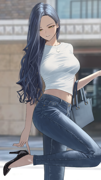 Anime picture 1080x1920 with original kimishima touka hara kenshi single long hair tall image fringe breasts standing yellow eyes blue hair outdoors parted lips blurry midriff high heels depth of field looking down standing on one leg adjusting footwear