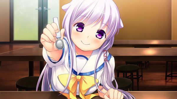 Anime picture 2560x1440 with wagaya no himegami-sama! long hair blush highres smile wide image purple eyes game cg purple hair girl uniform school uniform bowtie spoon