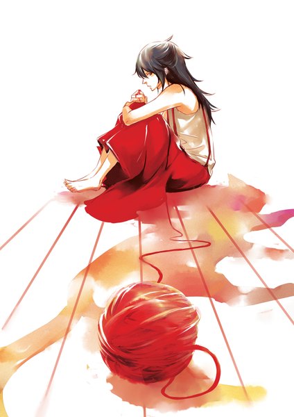 Anime picture 2480x3508 with astro-g single long hair tall image highres black hair simple background white background sitting brown eyes profile barefoot shadow silhouette boy cat room thread red thread