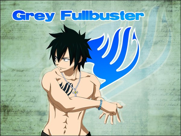 Anime picture 1152x864 with fairy tail gray fullbuster short hair black hair simple background looking away inscription grey eyes tattoo magic topless muscle boy bracelet cross