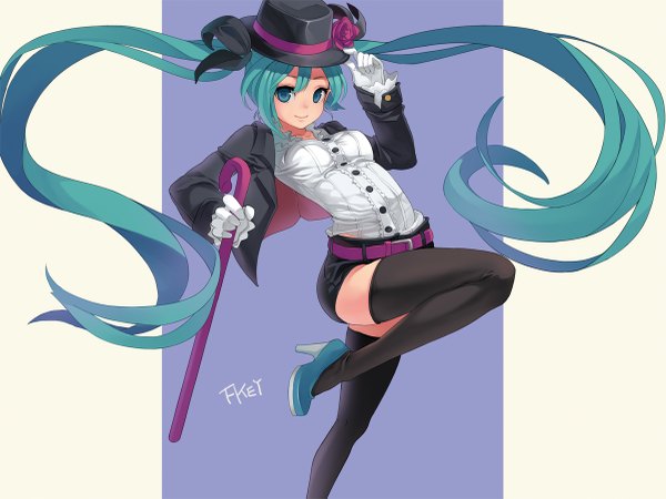 Anime picture 1200x901 with vocaloid hatsune miku fkey single long hair looking at viewer simple background smile twintails very long hair aqua eyes aqua hair girl thighhighs gloves flower (flowers) bow black thighhighs hair bow hat