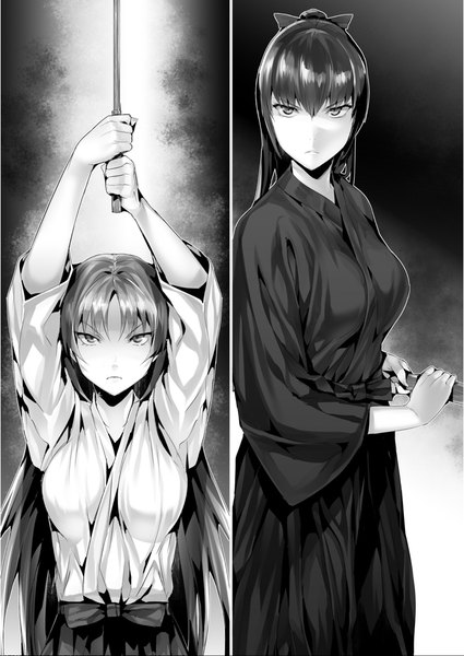 Anime picture 1452x2048 with monogusa neneko no taida na tanteicho yomisaka neneko hisashi (nekoman) long hair tall image looking at viewer fringe breasts black hair brown hair large breasts multiple girls holding traditional clothes japanese clothes scan wide sleeves arms up monochrome fighting stance