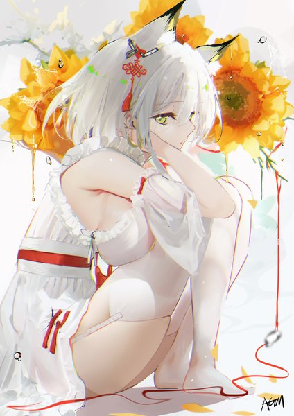Anime picture 2402x3396 with arknights kal'tsit (arknights) omone hokoma agm single tall image looking at viewer fringe highres short hair breasts light erotic simple background hair between eyes large breasts green eyes signed animal ears full body white hair arm up