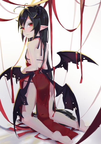 Anime picture 2480x3508 with original bokujuu single long hair tall image looking at viewer blush fringe highres light erotic black hair simple background hair between eyes red eyes white background payot full body ahoge looking back horn (horns)