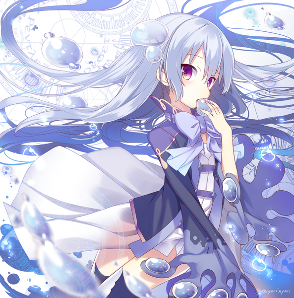 Anime picture 790x800 with original nyori single long hair tall image looking at viewer fringe hair between eyes purple eyes holding signed blue hair wind inscription hair bun (hair buns) magic eating hand to mouth glow girl