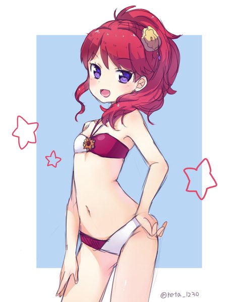 Anime picture 700x875 with aikatsu! kurebayashi juri reta (honoka1230zero) single long hair tall image looking at viewer blush fringe open mouth light erotic purple eyes signed ponytail red hair hand on hip blue background girl navel swimsuit