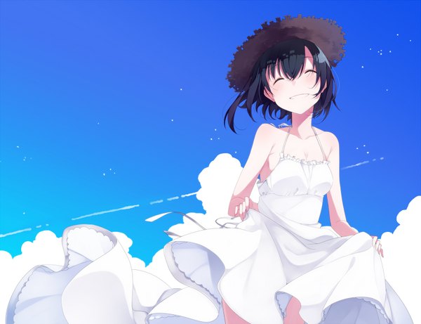 Anime picture 1820x1400 with original umiko (munemiu) single blush fringe highres short hair open mouth black hair smile standing bare shoulders holding sky cloud (clouds) eyes closed grin ^ ^ girl dress