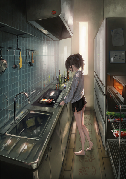 Anime picture 841x1196 with original kagumanikusu single tall image fringe short hair brown hair standing holding payot looking away full body ponytail indoors long sleeves head tilt profile barefoot sunlight bare legs