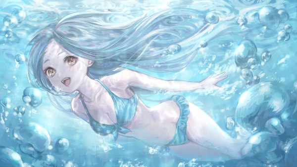 Anime picture 2000x1125 with original marutani single long hair looking at viewer highres open mouth wide image brown eyes :d grey hair underwater girl swimsuit bikini bubble (bubbles) striped bikini