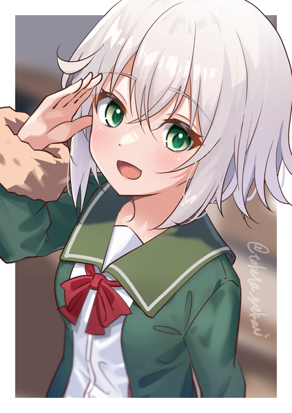 Anime picture 2894x4093 with kantai collection shimushu (kantai collection) toketa-sekai single tall image looking at viewer blush fringe highres short hair open mouth hair between eyes green eyes signed silver hair upper body :d from above twitter username border