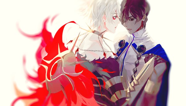 Anime picture 1554x886 with fate (series) fate/grand order karna (fate) arjuna (fate) daeraeband fringe short hair blue eyes black hair simple background wide image white background white hair black eyes hair over one eye multiple boys dark skin hand on another's shoulder boy 2 boys