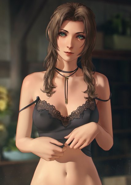 Anime picture 1358x1910 with final fantasy final fantasy vii square enix aerith gainsborough miura-n315 single long hair tall image looking at viewer fringe breasts light erotic brown hair standing green eyes upper body head tilt fingernails light smile lips