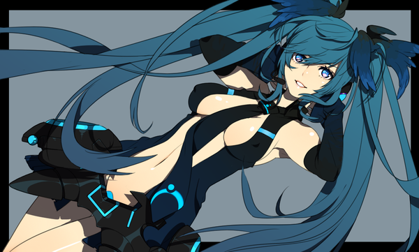 Anime picture 1026x618 with vocaloid hatsune miku kurono yuu single long hair light erotic simple background wide image twintails blue hair aqua eyes girl navel hair ornament detached sleeves necktie
