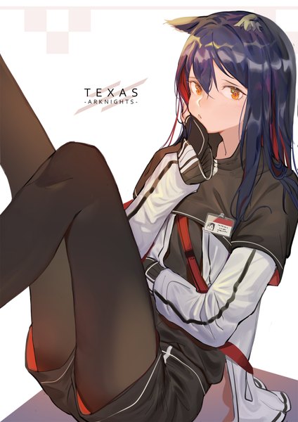 Anime picture 1240x1754 with arknights texas (arknights) krin single long hair tall image looking at viewer blush fringe black hair simple background hair between eyes sitting animal ears bent knee (knees) orange eyes character names chin rest leg up legwear under shorts