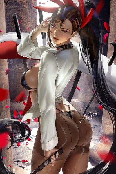 Anime picture 2339x3508 with tower of god ha yuri zahard zumi (zumidraws) single tall image looking at viewer blush fringe highres breasts light erotic black hair red eyes large breasts standing holding signed ass ponytail indoors