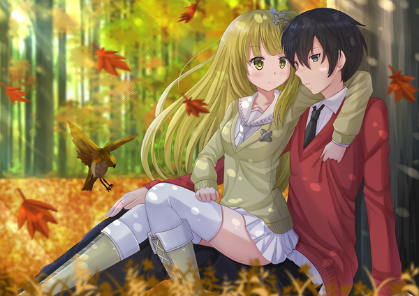 Anime picture 1337x945 with original kazenokaze long hair short hair black hair blonde hair multiple girls brown eyes green eyes couple girl thighhighs skirt 2 girls plant (plants) miniskirt animal white thighhighs tree (trees) boots