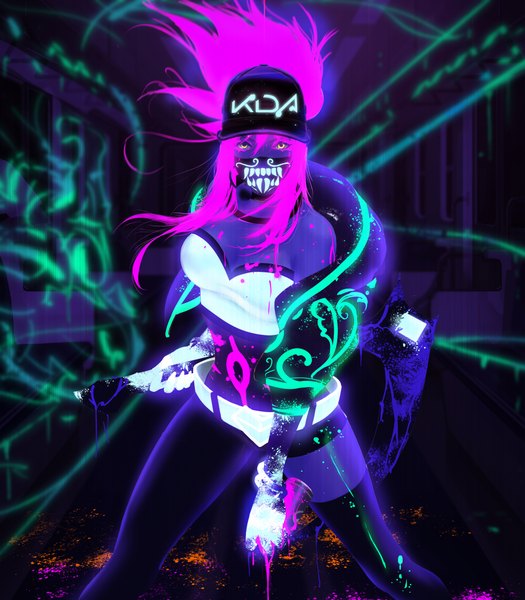Anime picture 3500x4000 with league of legends k/da (league of legends) akali (league of legends) k/da akali liang xing single long hair tall image looking at viewer fringe highres breasts hair between eyes large breasts standing holding yellow eyes payot absurdres purple hair
