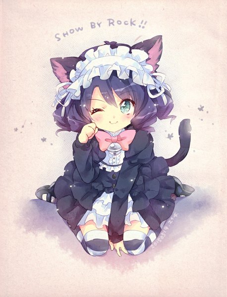 Anime picture 752x986 with show by rock!! studio bones cyan (show by rock!!) ech single tall image blush short hair simple background smile sitting animal ears purple hair tail animal tail one eye closed aqua eyes wink cat ears cat tail