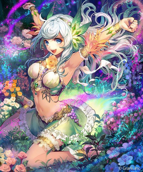 Anime picture 825x990 with umiu geso single long hair tall image looking at viewer blush fringe breasts open mouth blue eyes sitting bare shoulders silver hair ahoge bent knee (knees) :d barefoot wind arms up teeth