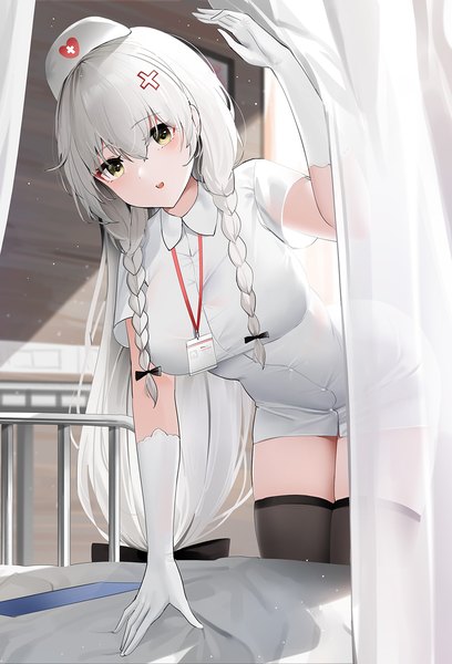 Anime picture 1087x1600 with azur lane hermione (azur lane) hermione (pure white angel) (azur lane) qing wu single long hair tall image looking at viewer blush fringe breasts open mouth light erotic hair between eyes large breasts yellow eyes silver hair indoors braid (braids) arm up