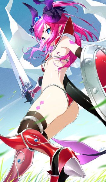 Anime picture 1809x3102 with fate (series) fate/grand order elizabeth bathory (fate) (all) elizabeth bathory (brave) (fate) omagacchu single long hair tall image looking at viewer highres blue eyes light erotic pink hair ass horn (horns) pointy ears from below two side up covered mouth girl